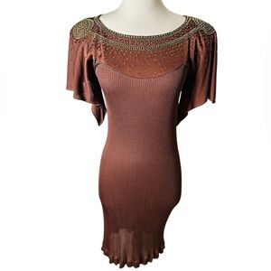 Vintage Brown Embellished Midi Dress